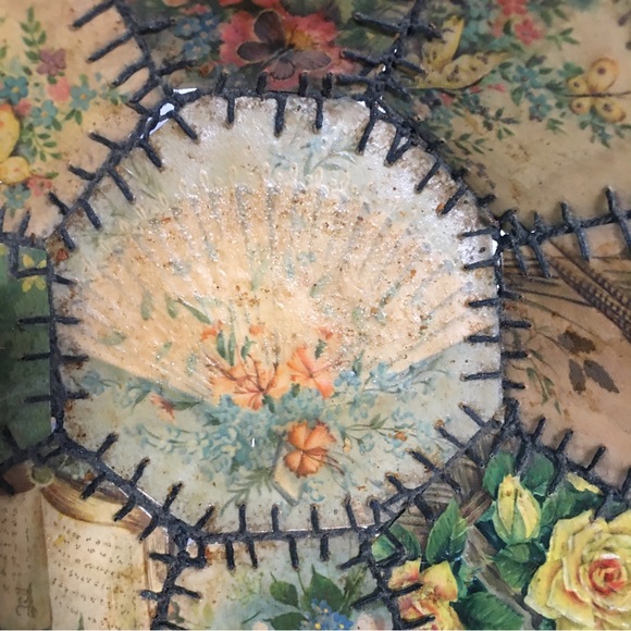 Vtg Handmade Basket from Greeting Cards floral birds blanket stitch AMAZING EUC - Picture 4 of 8